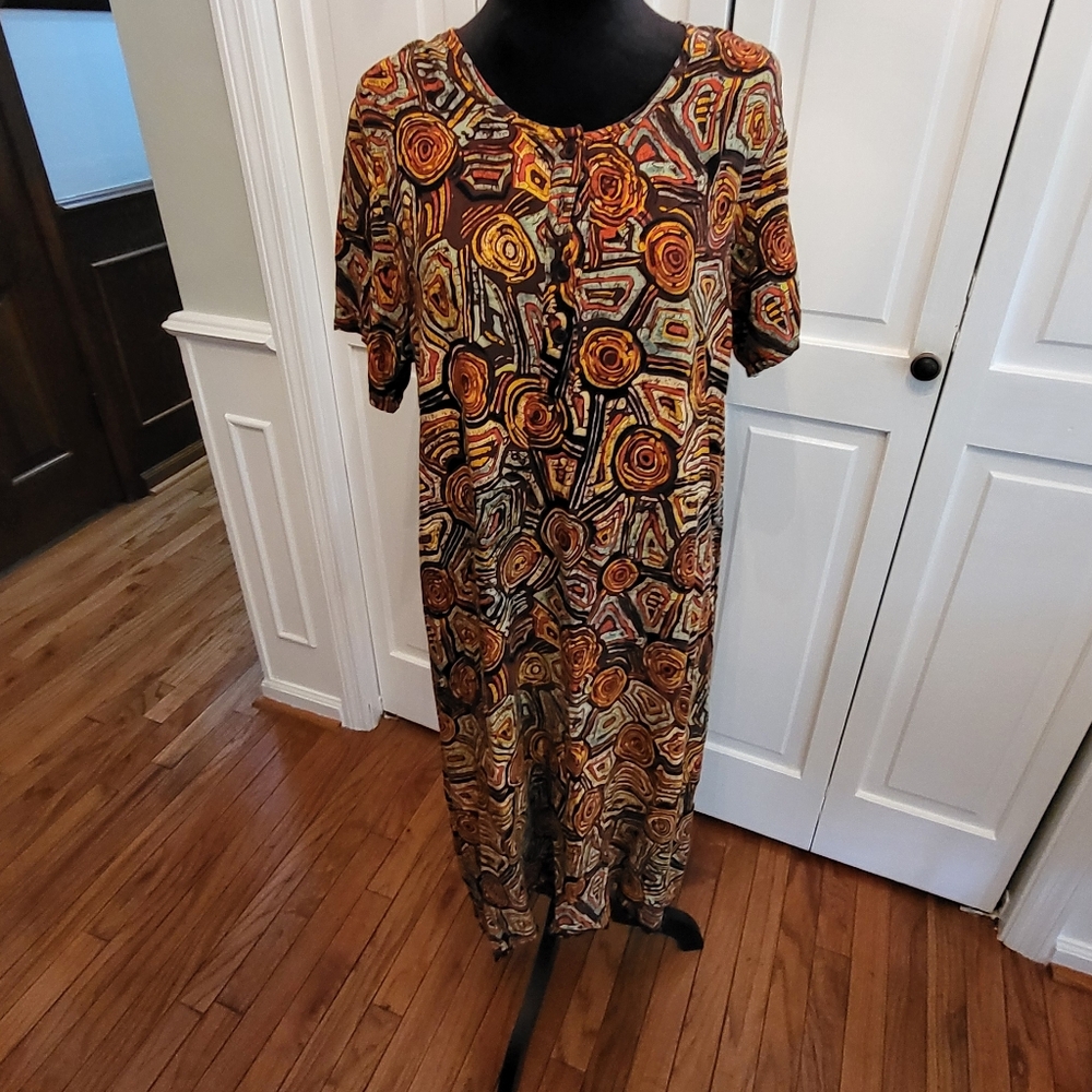 4/$ 19 Boho Vibrant orange/ brown rayon midi dress sz M Festival Grunge Hippie